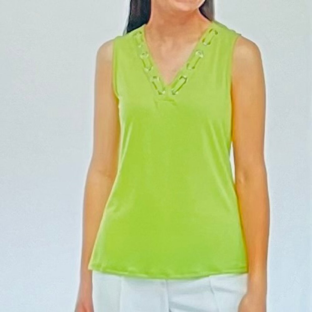 Carmen Marc Valvo Grommet Laced V-Neck Tank Top in Green Apple (XL) New With Tag